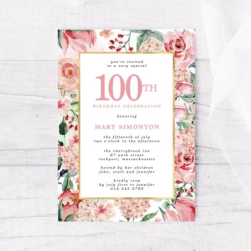 Pink Rose and Hydrangea Floral 100th Birthday Invitation