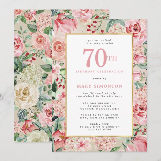 Pink Rose and Hydrangea Floral 70th Birthday Invitation (Front/Back)