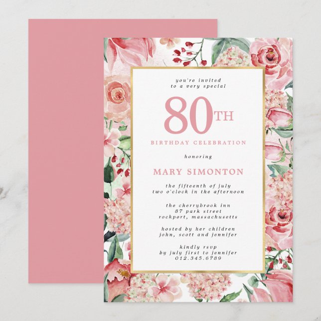 Pink Rose and Hydrangea Floral 80th Birthday Invitation (Front/Back)