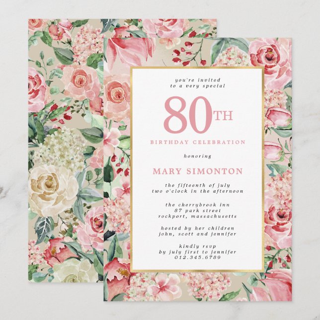 Pink Rose and Hydrangea Floral 80th Birthday Invitation (Front/Back)