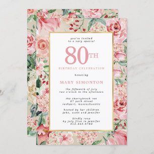 Pink Rose and Hydrangea Floral 80th Birthday Invitation