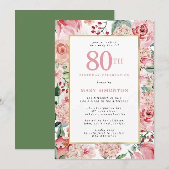 Pink Rose and Hydrangea Floral 80th Birthday Invitation (Front/Back)