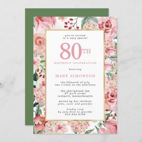 Pink Rose and Hydrangea Floral 80th Birthday Invitation