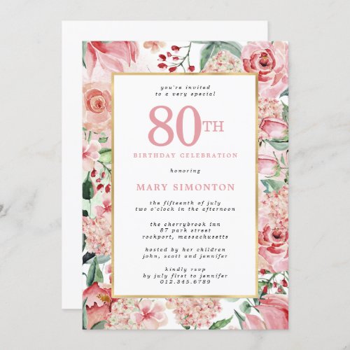 Pink Rose and Hydrangea Floral 80th Birthday Invitation