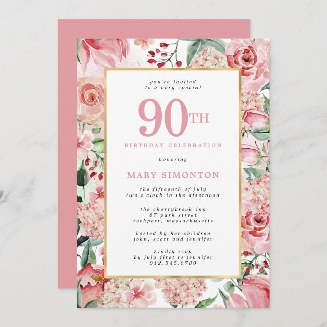 Pink Rose and Hydrangea Floral 90th Birthday Invitation (Front/Back)