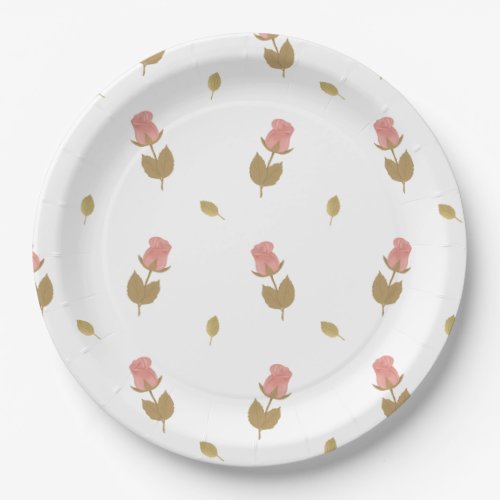 Pink Rose and Leaf Pattern Baby Shower Paper Plates
