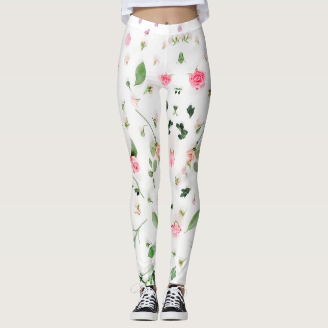 Pink rose and leaves on white background leggings (Front)