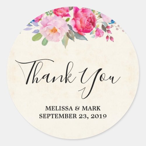 Pink Rose and Peony Border Wedding Thank You Classic Round Sticker