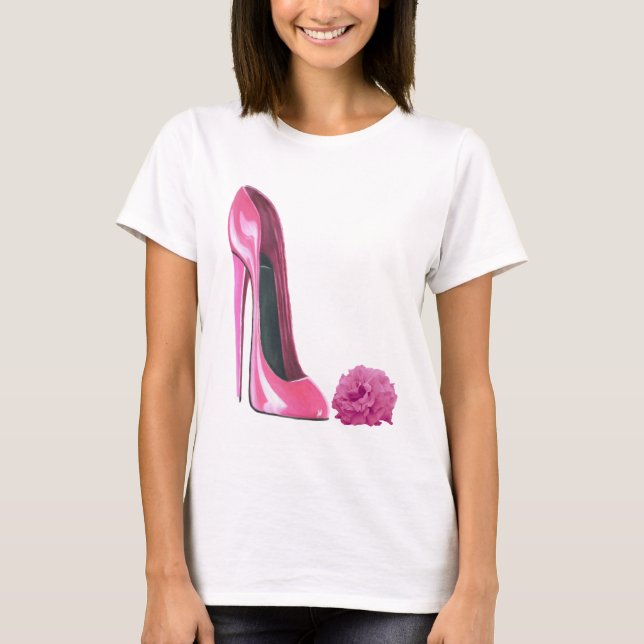 Pink Rose and Pink Stiletto Shoe T-Shirt (Front)