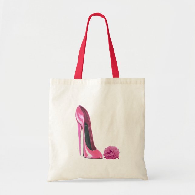 Pink Rose and Pink Stiletto Shoe Tote Bag (Front)