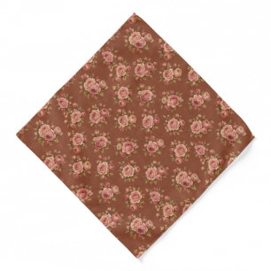 Pink Rose and Ranunculus on Clay Brown Floral Bandana
