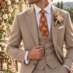 Pink Rose and Ranunculus on Clay Brown Floral Neck Tie