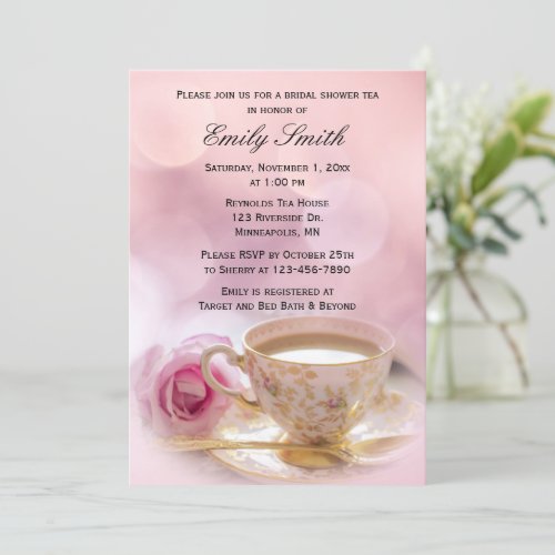 Pink Rose and Teacup  Bridal Shower Tea Invitation