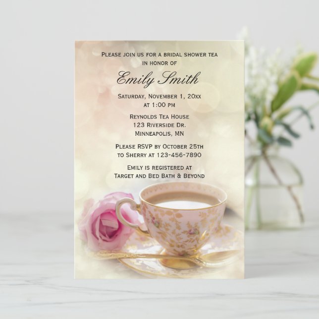 Pink Rose and Teacup | Elegant Bridal Shower Tea Invitation (Standing Front)
