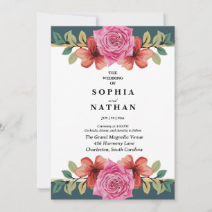 Pink Rose and Teal Floral Wedding Invitation