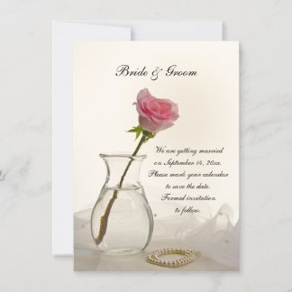 Pink Rose and White Pearls Wedding Save the Date Invitation