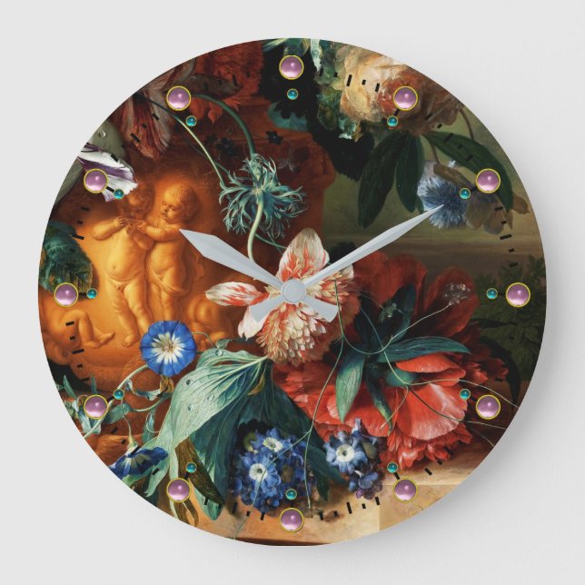 PINK ROSE,ANEMONE BLUE MORNING GLORIES ,FLOWERS LARGE CLOCK (Front)