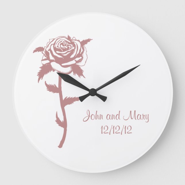 Pink Rose Anniversary or Wedding Date Customizable Large Clock (Front)
