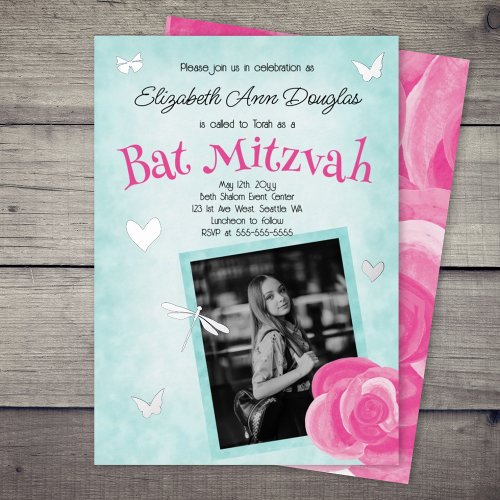 Pink Rose Aqua Blue Silver Charms Bat Mitzvah Foil Invitation