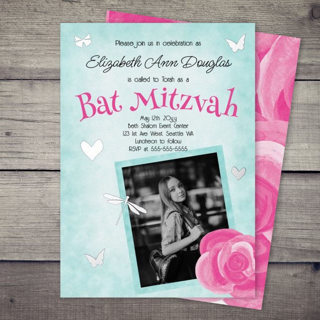 Pink Rose, Aqua Blue, Silver Charms Bat Mitzvah Foil Invitation (pink rose aqua blue cute bat mitzvah invitation pink text silver foil dragonflies girlie whimsical)