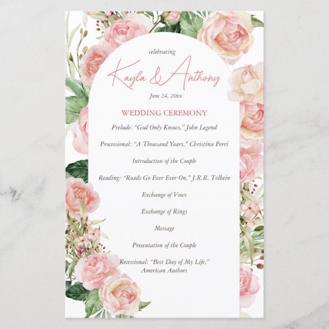 Pink rose arch blush pink floral wedding program (Front)
