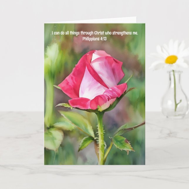 Pink Rose Art Bible Verse Strength  Card (Small Plant)