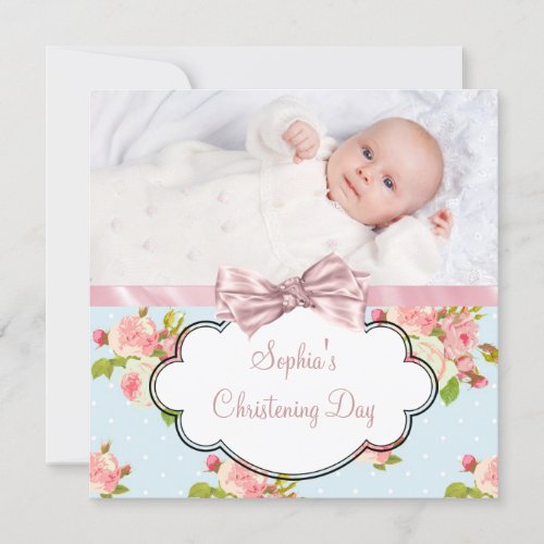 Pink Rose Baby Girl Photo Christening Invitations