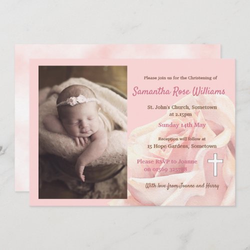 Pink rose baby girl photo christening invitation