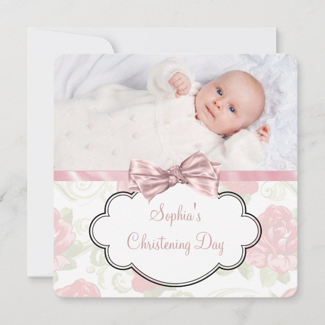Pink Rose Baby Girl Photo Christening Invitation (Front)