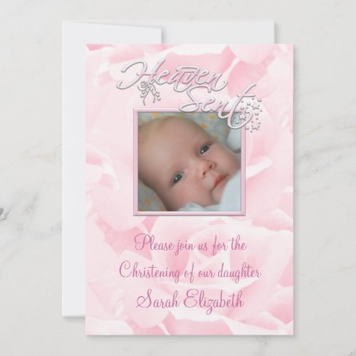 Pink Rose Baby Girl Photo Christening Personalized Invitations