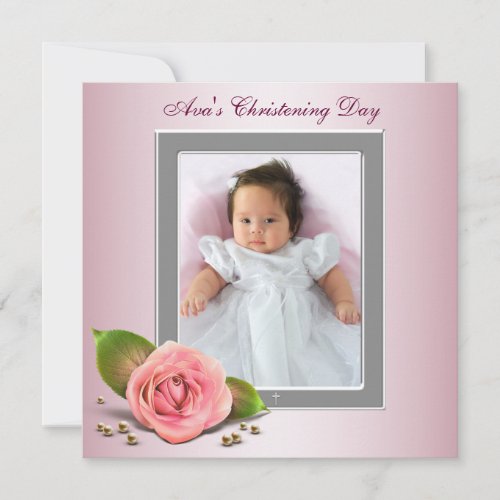 Pink Rose Baby Girl Photo Christening Custom Announcement