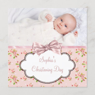 Pink Rose Baby Girl Photo Christening Invitation