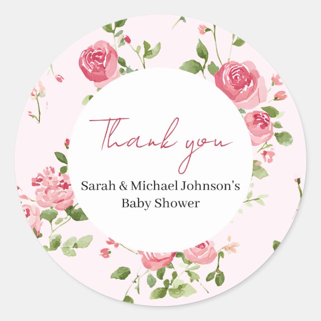 Pink Rose Baby Shower Classic Round Sticker (Front)