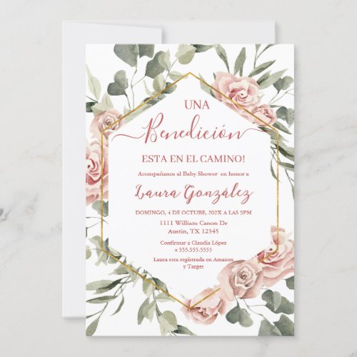 Pink rose baby shower girl in spanish invitation