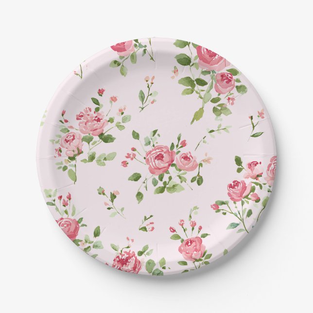 Pink Rose Baby Shower Paper Plates (Front)