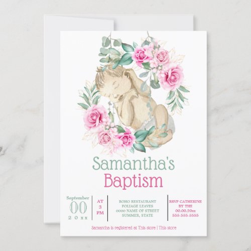 Pink rose baby sleeping baptism christening invitation