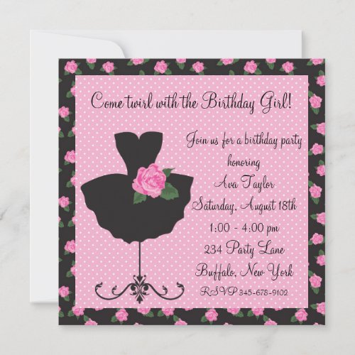Pink Rose Ballerina Birthday Party Invitations
