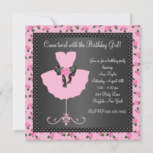 Pink Rose Ballerina Girls Ballerina Birthday Party Invitation