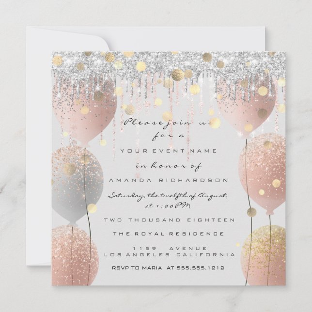 Pink Rose Ballon Sweet 16th Bridal Baby Gray Invitation (Front)