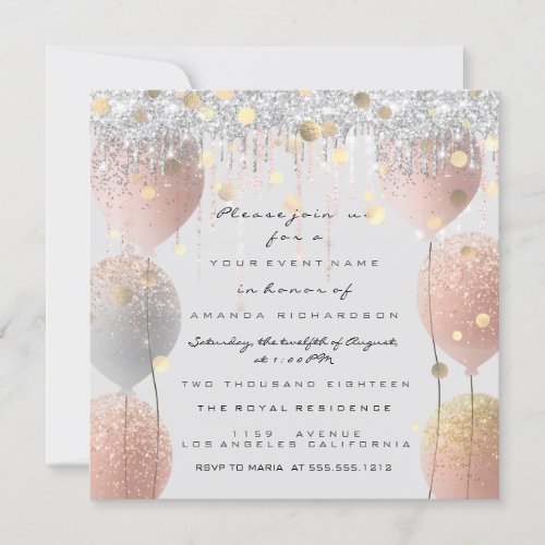 Pink Rose Ballon Sweet 16th Bridal Baby Gray Invitation