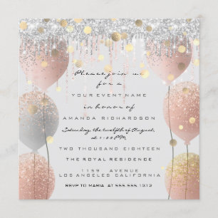 Pink Rose Ballon Sweet 16th Bridal Baby Gray Invitation