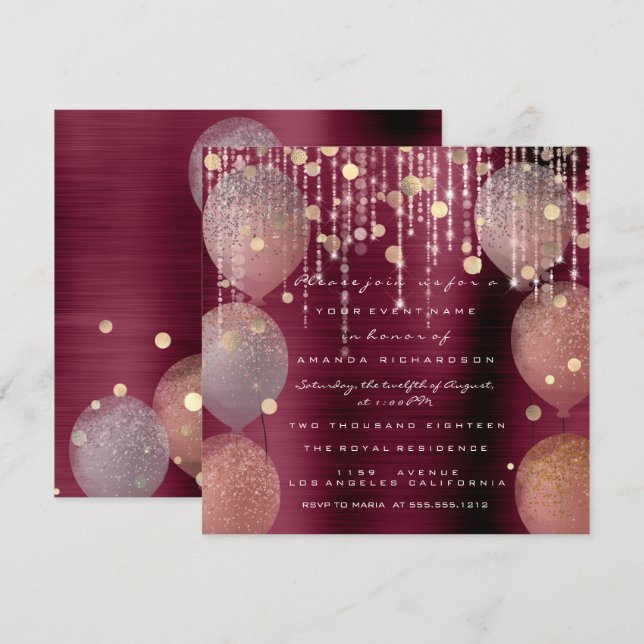 Pink Rose Ballon Sweet 16th Bridal Bordeaux Marsal Invitation (Front/Back)