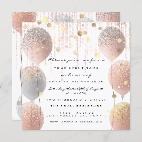 Pink Rose Ballon Sweet 16th Bridal White Bridal Invitation