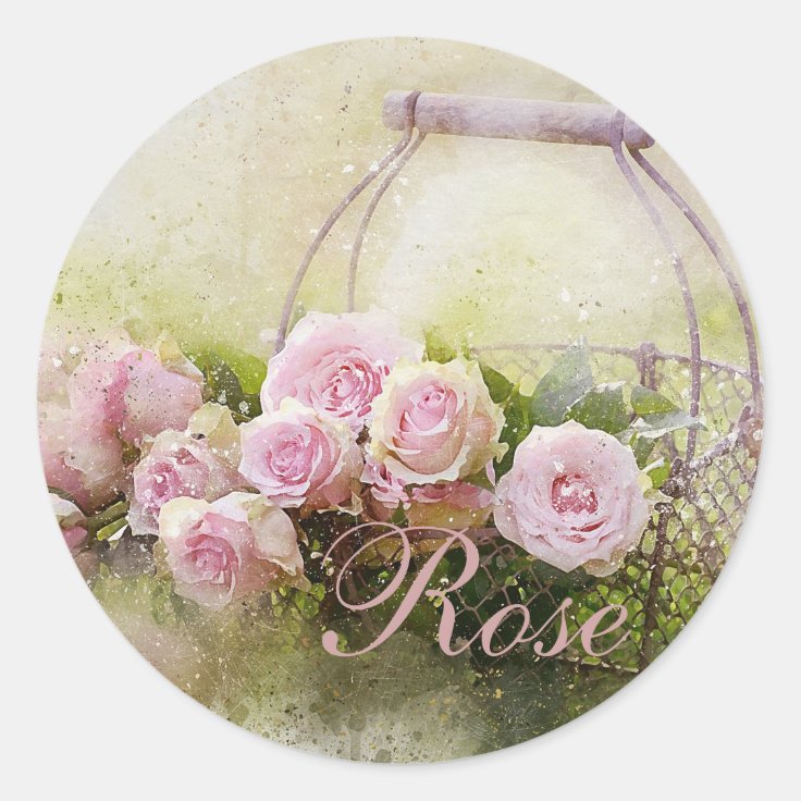 Round Sticker Rose Pink Rose Basket Classic Round Sticker | Zazzle
