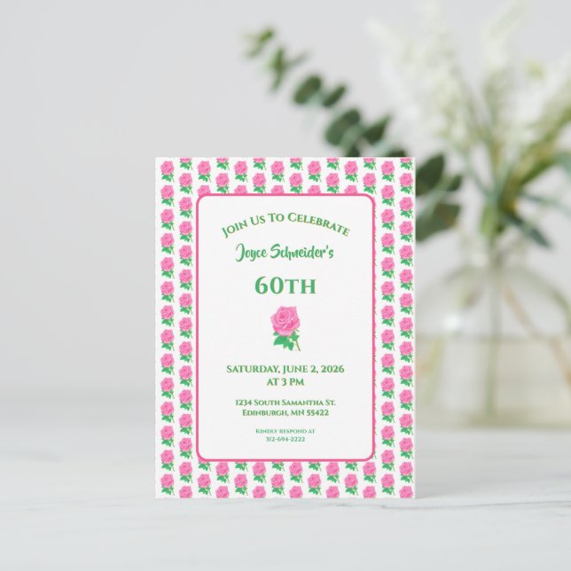 Pink Rose Birthday Invitation Postcard (Standing Front)