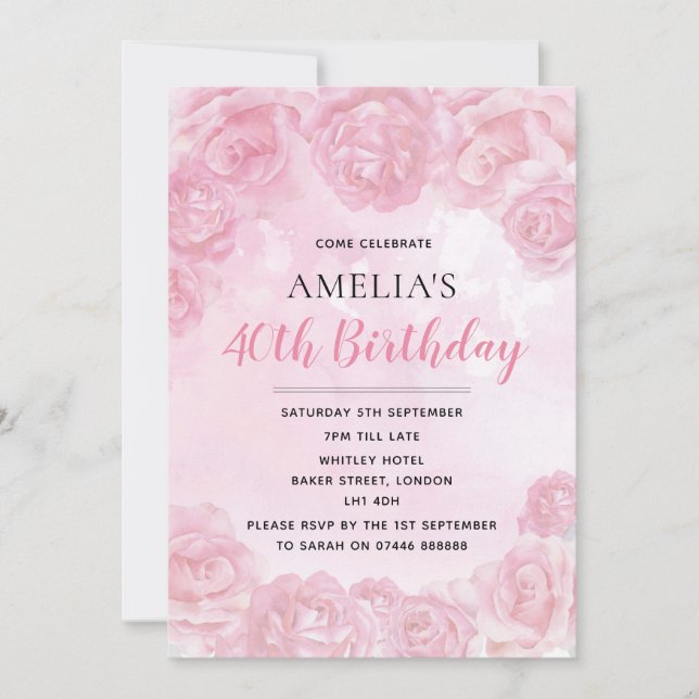 Pink Rose Birthday Invites (Front)