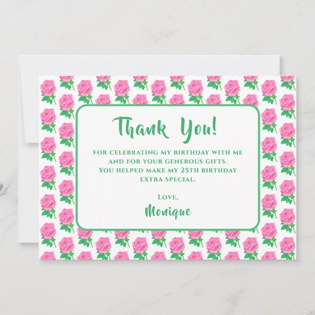 Pink Rose Birthday Thank You Card (Front)