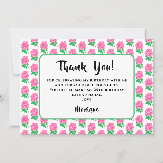 Pink Rose Birthday Thank You Card (Front)