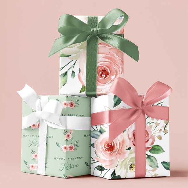 Pink Rose Birthday Wrapping Paper Sheets (Celebrate a special birthday with these watercolor pink rose personalized wrapping paper sheets! )