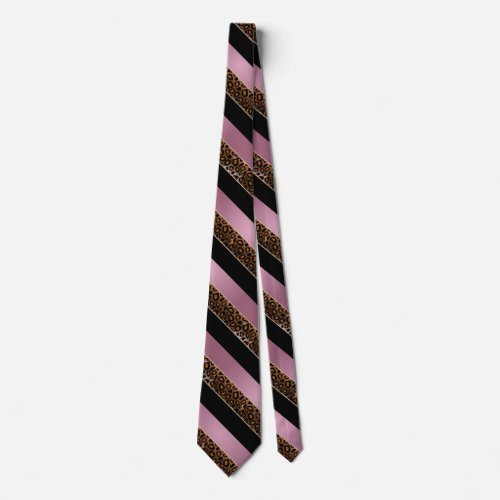 Pink Rose Black and Leopard Stripe Pattern Design Neck Tie
